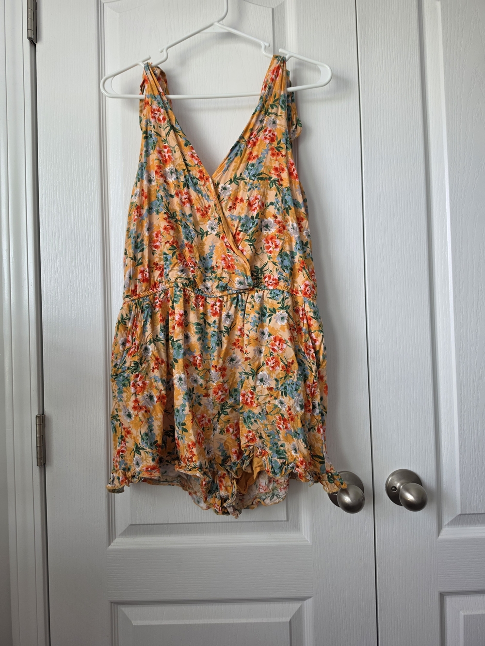 Floral Yellow Wrap Romper - Sleeveless Summer Footie
